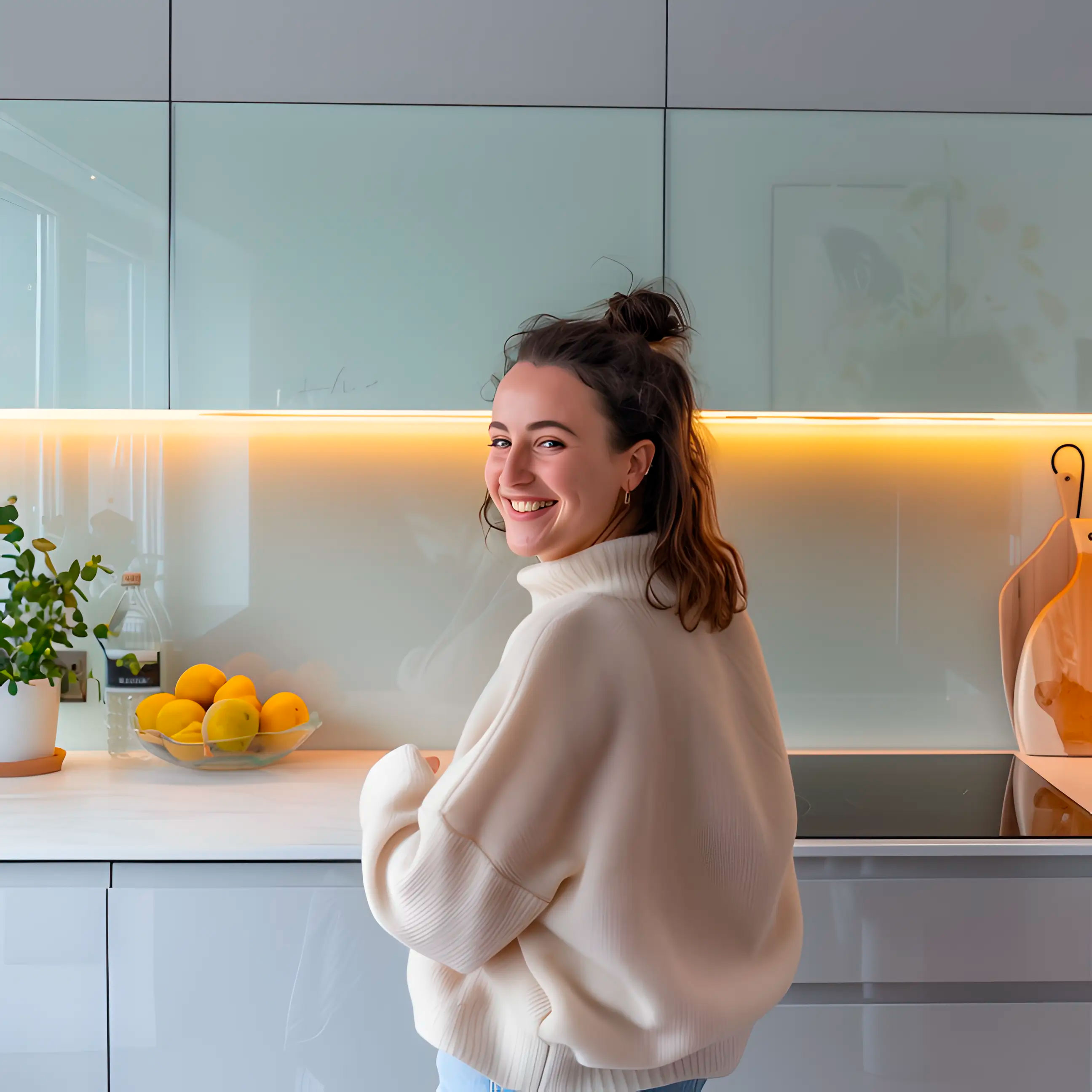 Eine Frau mit weißem Pullover lächelt in einer modernen, gut beleuchteten Küche. Auf der Arbeitsplatte steht eine Schale mit Zitronen neben einer Pflanze.